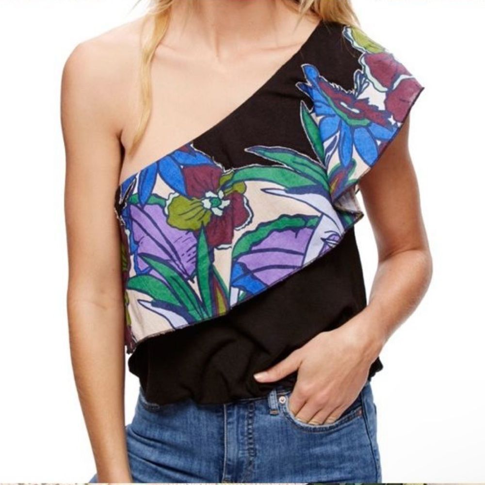 Free People One-Shoulder Floral Top - Black, Purple, Blue